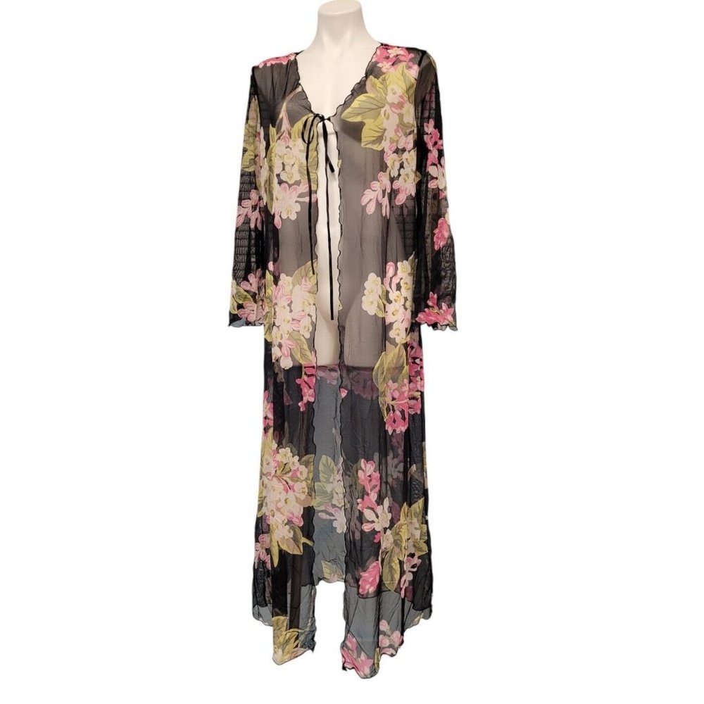 Vtg Victoria's Secret Long Robe Black Floral  Print Sheer Flowy Tie Front XS/S